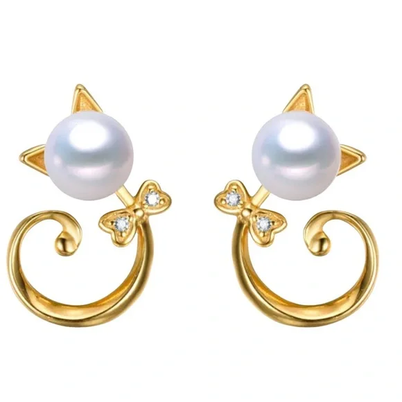 NEW 925S Real 6mm Cultured Freshwater Pearl Cat Shape Stud Earrings - Gold Tone - Picture 3 of 10